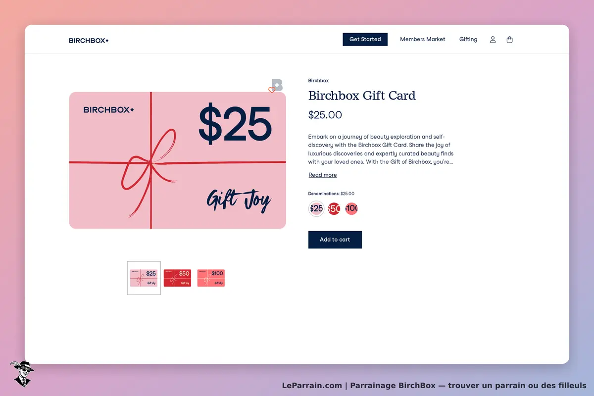 Birchbox : carte cadeau rose avec un nœud, options de montants en bas de l'écran