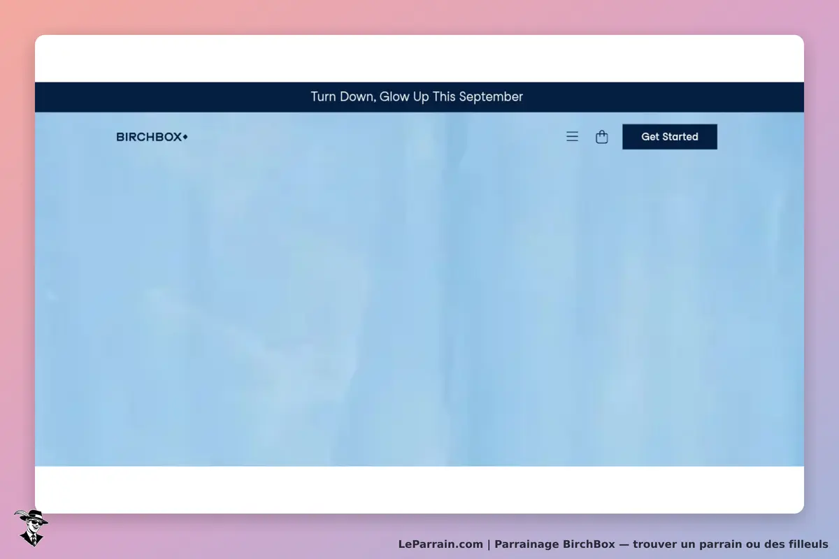 BirchBox : page d'accueil avec un fond bleu et un bouton "Get Started" en haut à droite