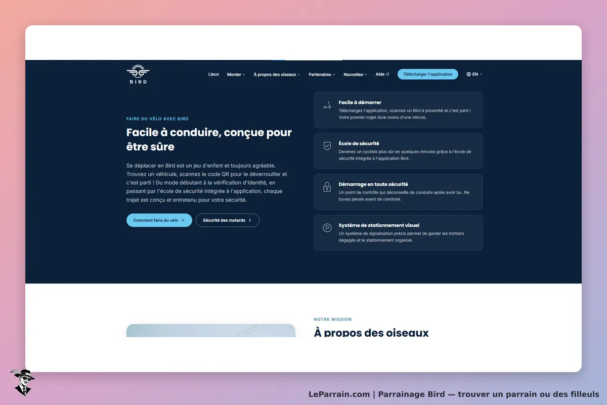 Bird : page d'accueil présentant les fonctionnalités et la sécurité de l'application