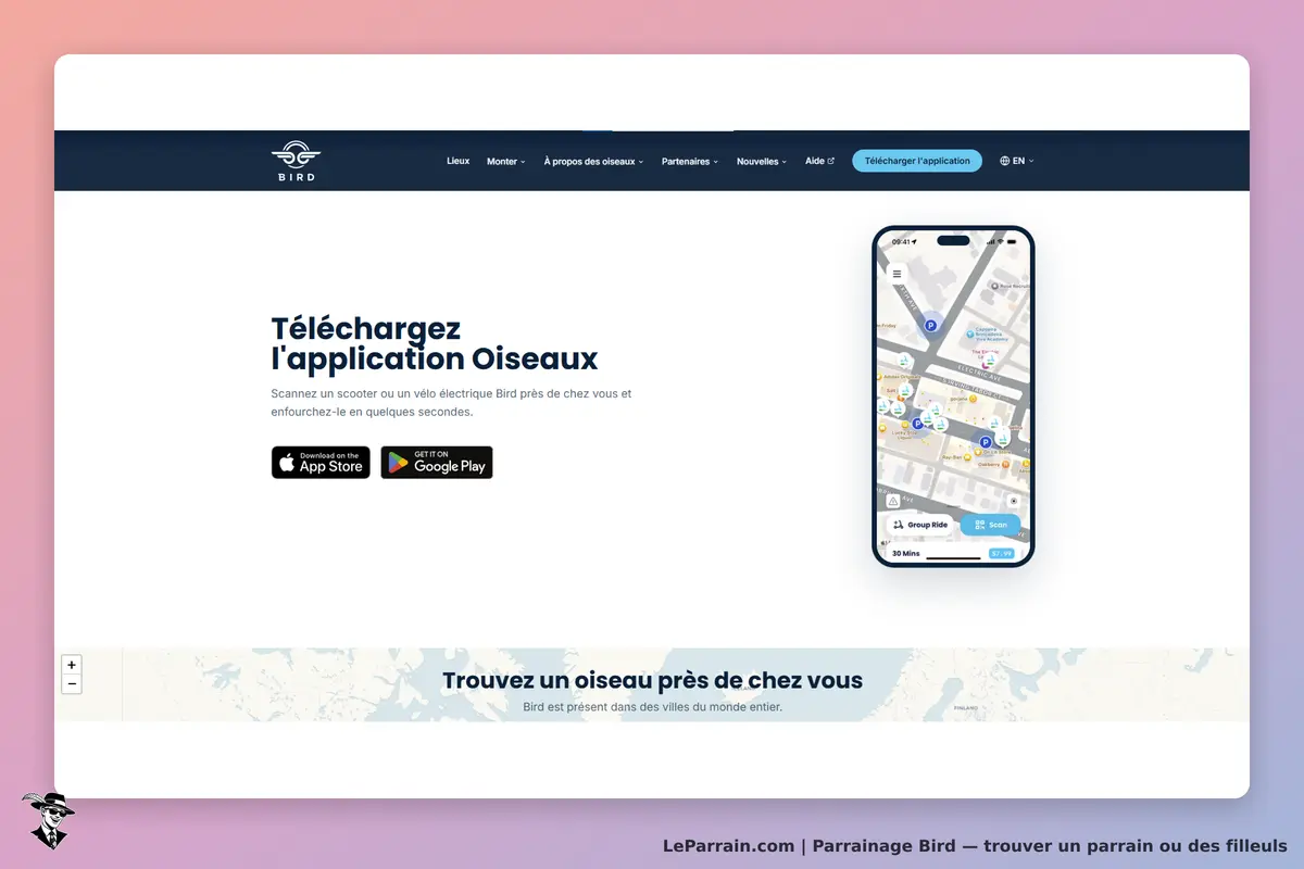Bird : page d'accueil avec invitation à télécharger l'application et carte des scooters