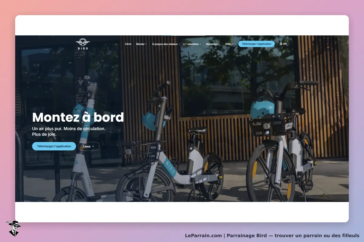 Bird : page d'accueil avec trottinettes et vélos en station, message d'invitation à monter à bord