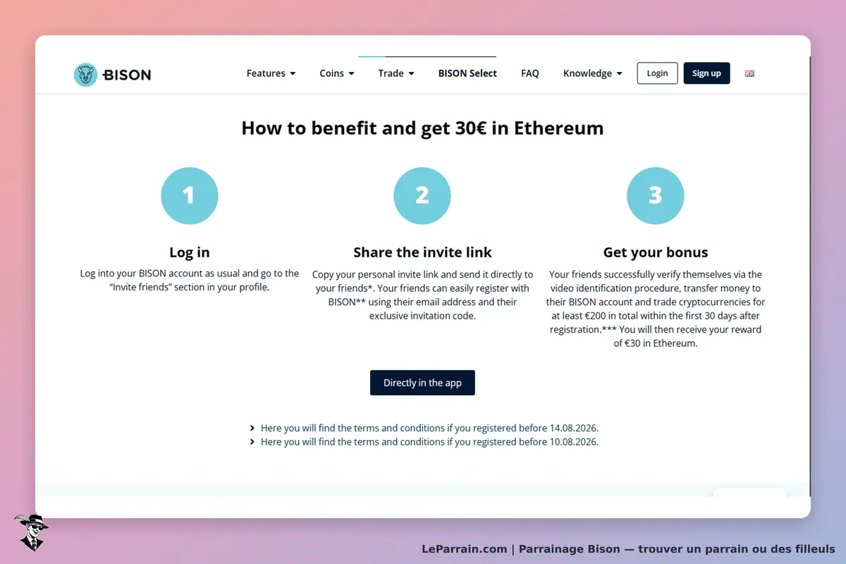 BISON : étapes pour bénéficier d'un bonus en Ethereum sur la page d'accueil