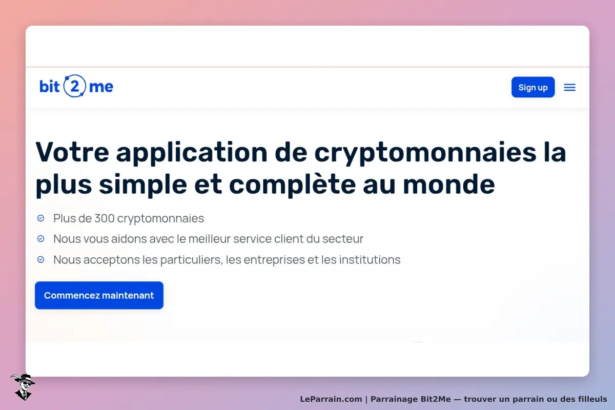 Bit2Me : page d'accueil présentant une application de cryptomonnaies et un bouton d'inscription