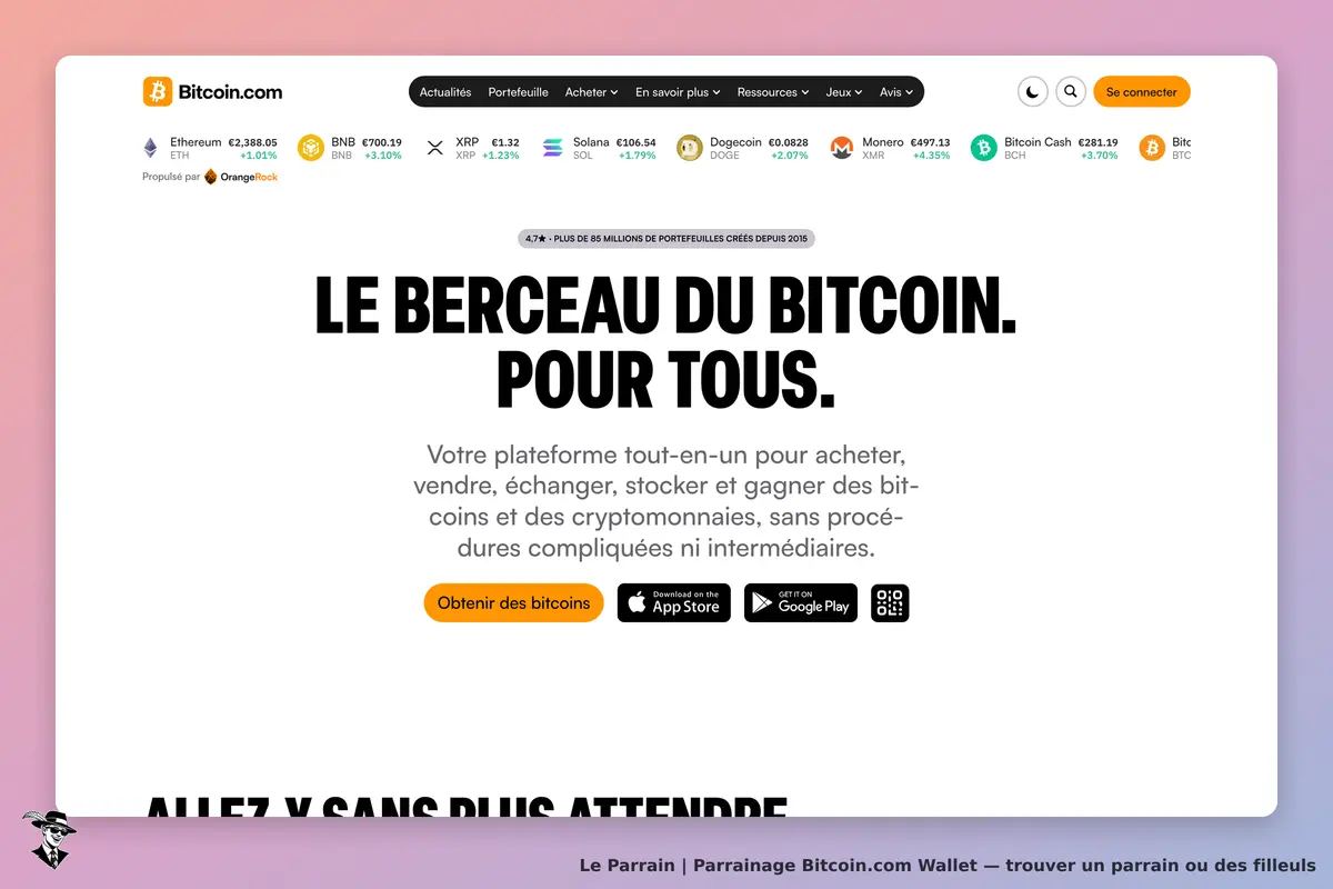 Bitcoin.com Wallet : bitcoin.com : page d'accueil présentant la plateforme pour acheter et gérer
