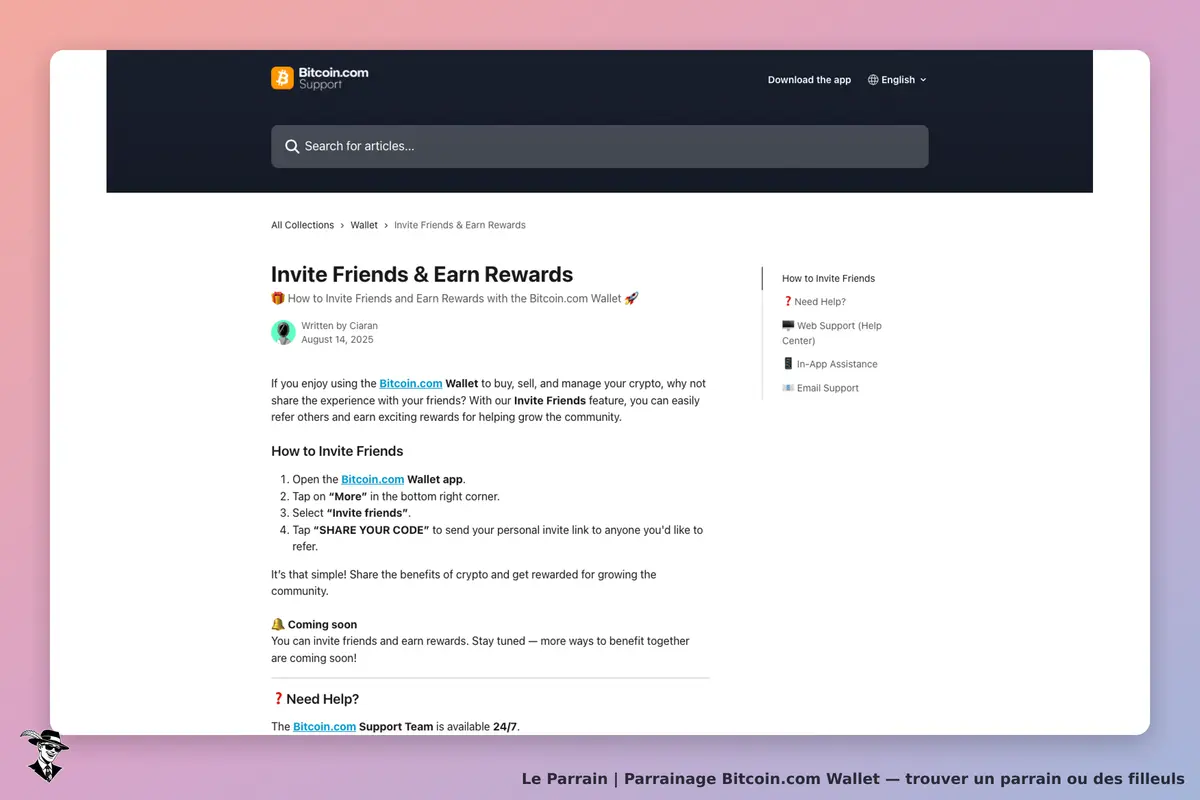 Bitcoin.com Wallet : bitcoin.com : page d'aide sur l'invitation d'amis et les récompenses avec le