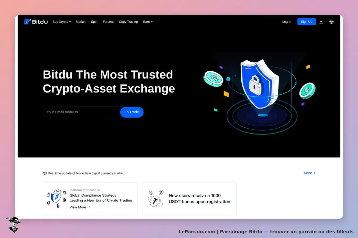 Bitdu : page d'accueil avec un formulaire d'inscription et une illustration de sécurité