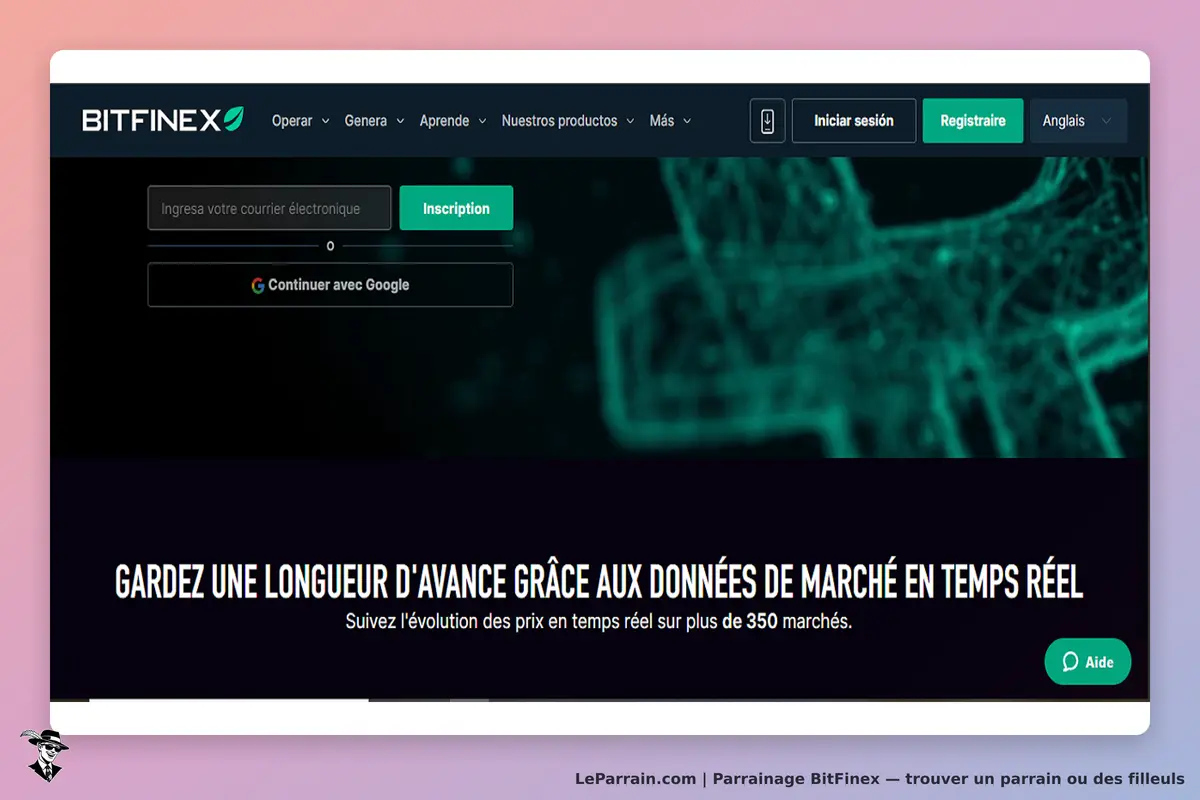 BitFinex : page d'accueil avec formulaire d'inscription et message sur les données de marché en