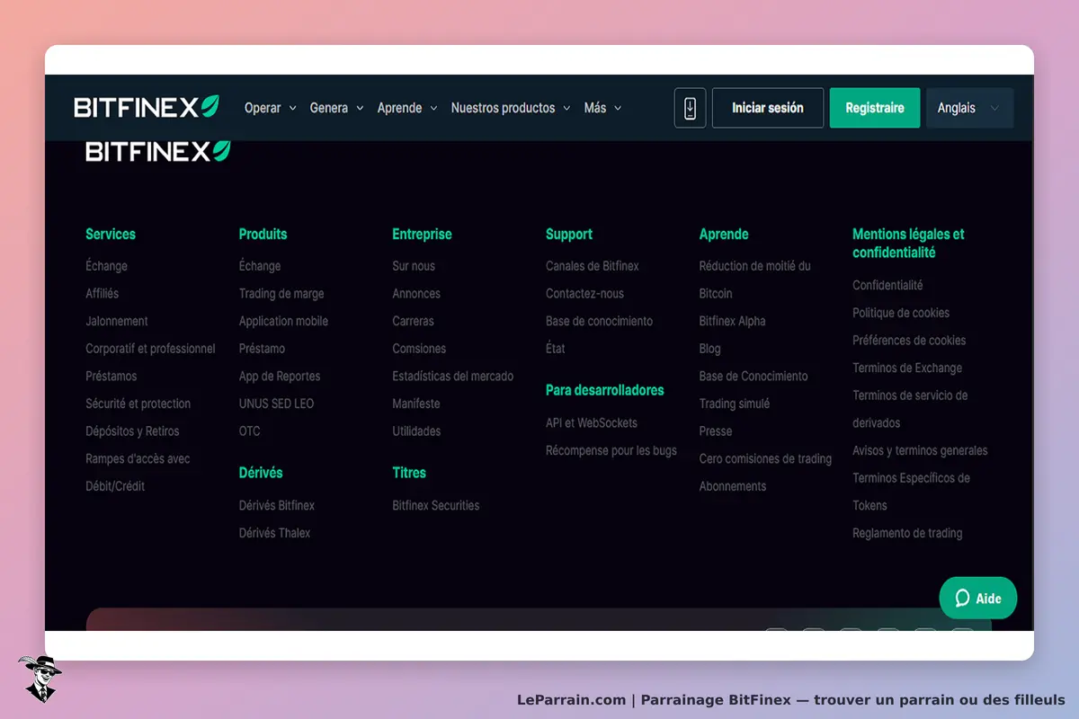 BitFinex : menu de navigation avec services, produits, entreprise et support sur fond sombre