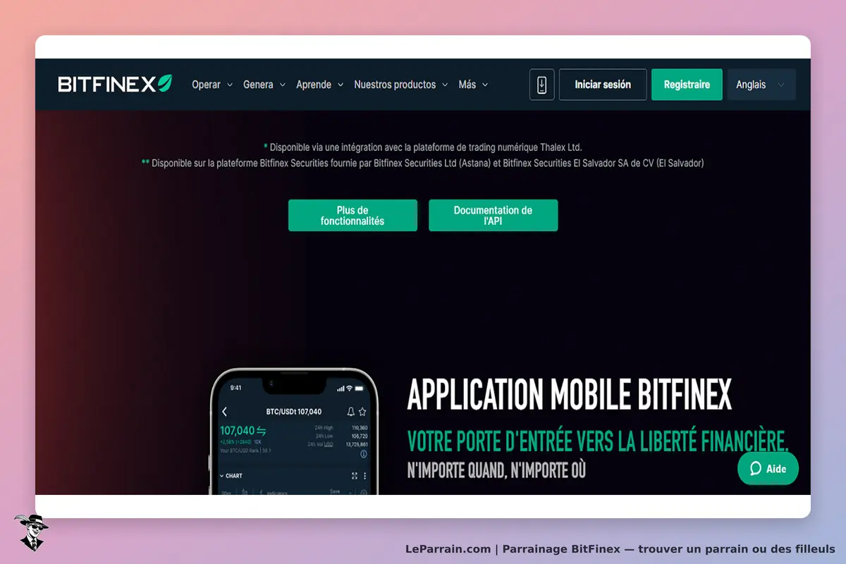 BitFinex : page d'accueil présentant l'application mobile et des options de fonctionnalités