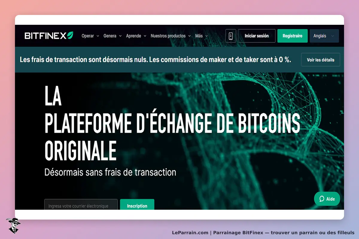 BitFinex : page d'accueil présentant la plateforme d'échange de bitcoins sans frais de transaction