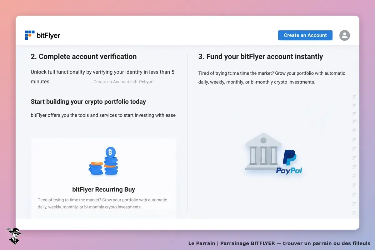 bitFlyer : étapes pour vérifier un compte et financer son portefeuille crypto. Options affichées