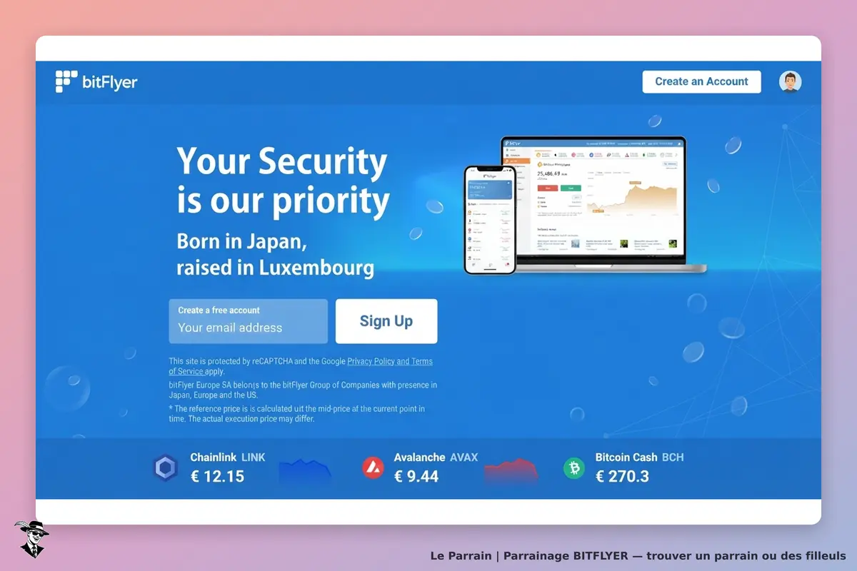 bitFlyer : page d'accueil avec formulaire d'inscription et graphiques de cryptomonnaies affichés