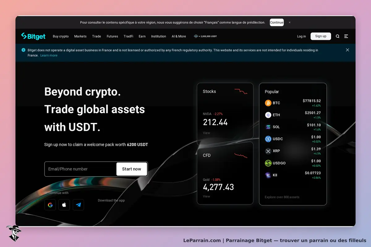 Bitget : page d'accueil avec options de trading et formulaire d'inscription visible