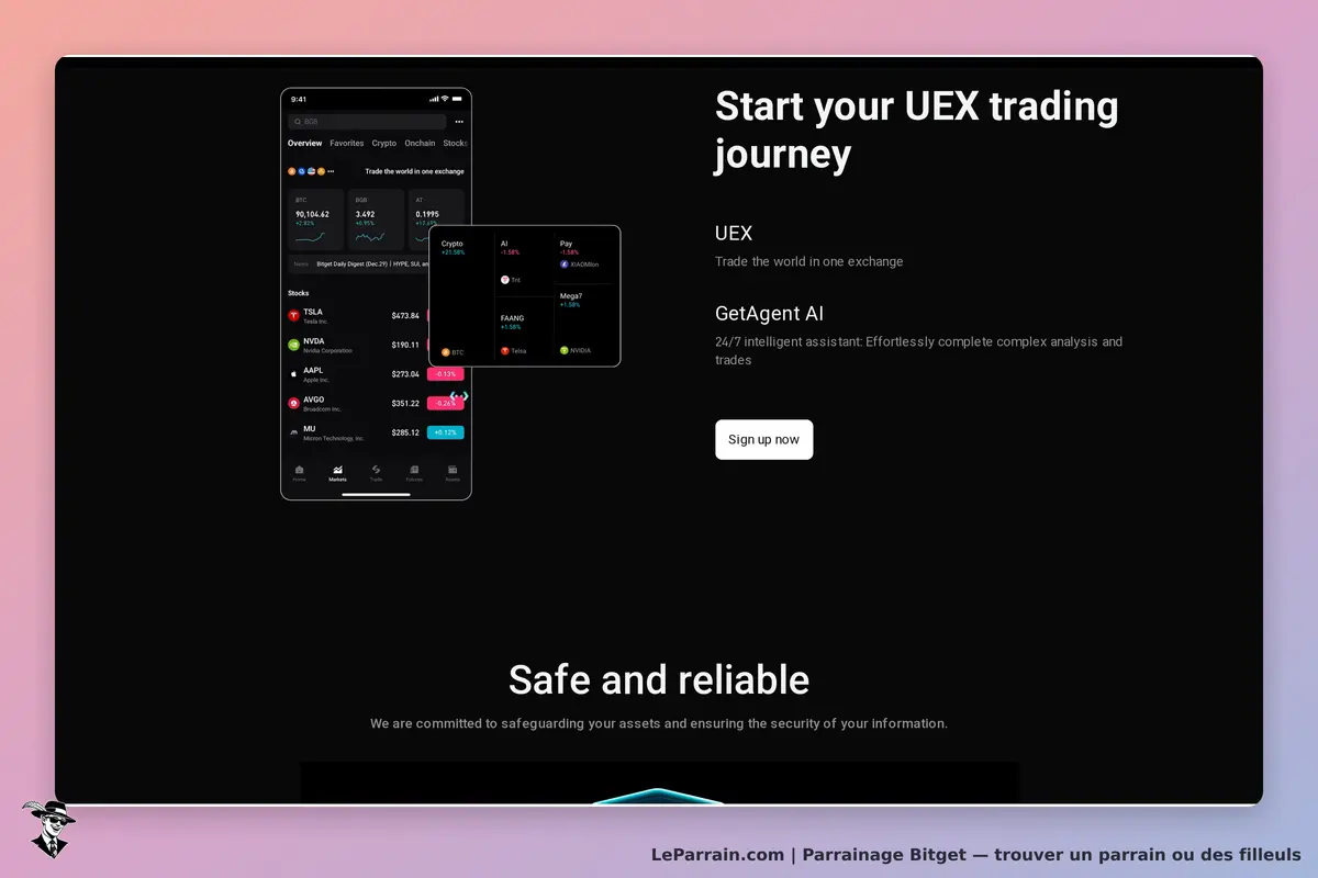 Bitget : écran d'accueil présentant UEX et GetAgent AI avec options de trading et inscription