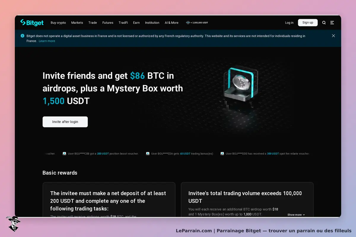 Bitget : page d'accueil avec invitation à parrainer et boîte mystère affichée