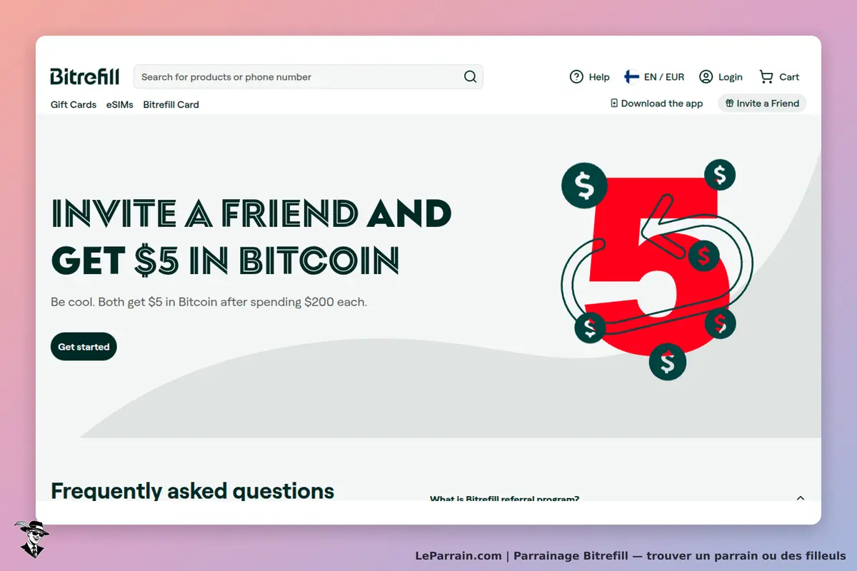 Bitrefill : invitation à un ami pour recevoir des bitcoins, avec un bouton "Get started"