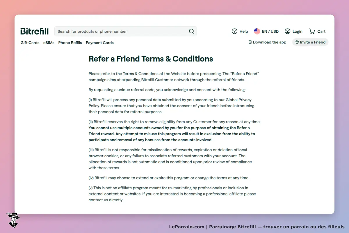 Bitrefill : conditions d'utilisation pour le programme de parrainage affichées sur la page