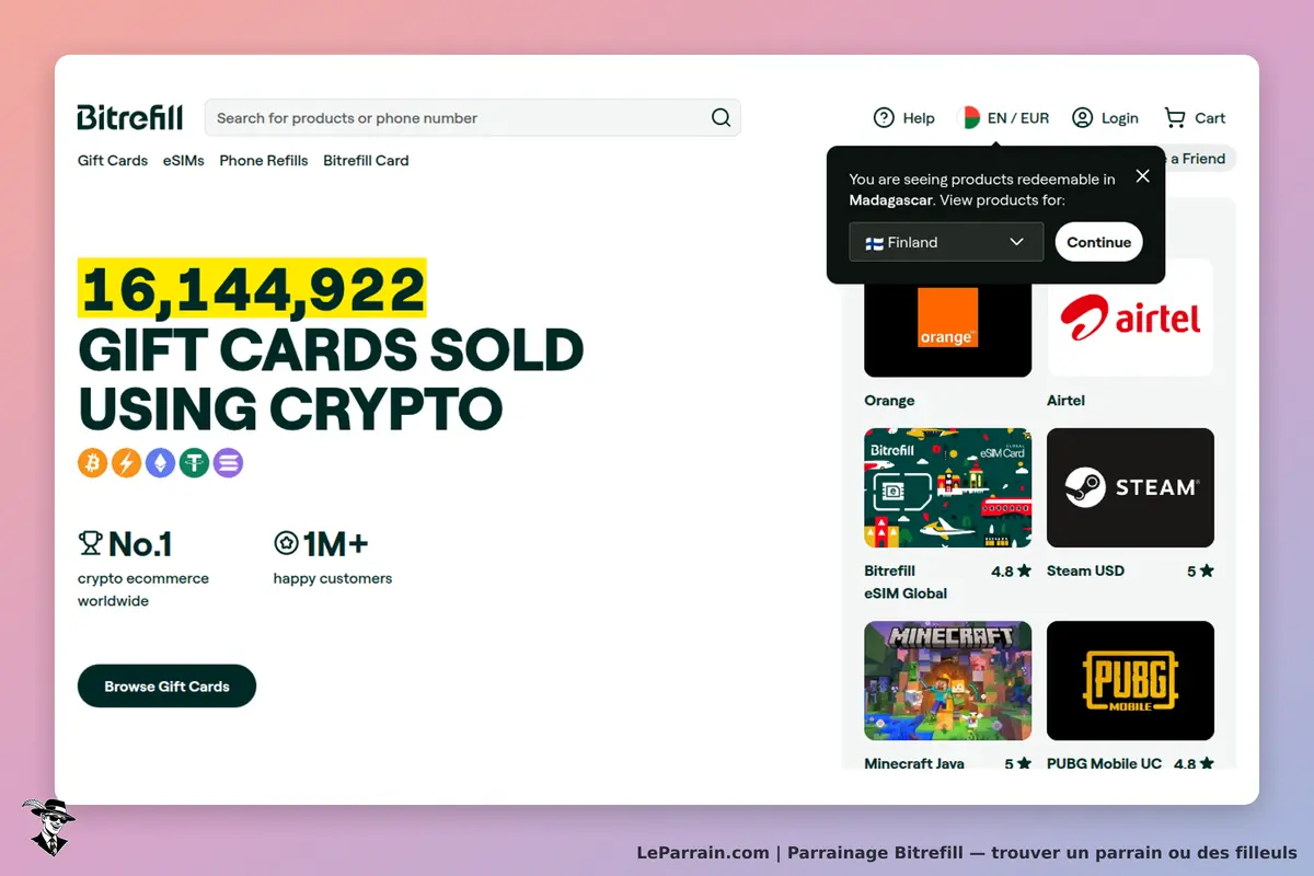 Bitrefill : page d'accueil affichant des cartes cadeaux et un message de localisation