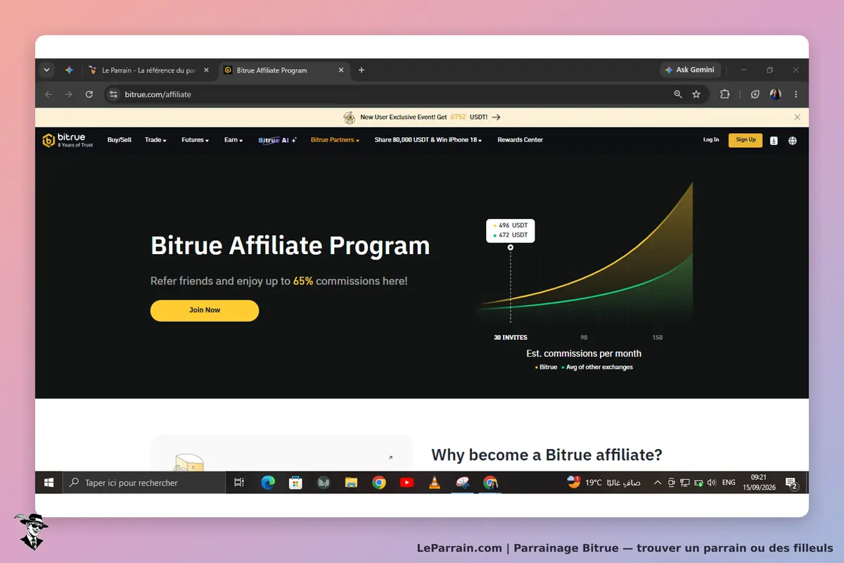 Bitrue : programme d'affiliation avec un graphique et un bouton "Join Now" visible