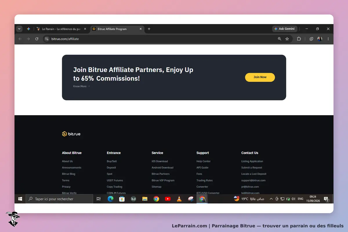 Bitrue : page d'accueil avec un appel à rejoindre le programme d'affiliation et des liens en bas