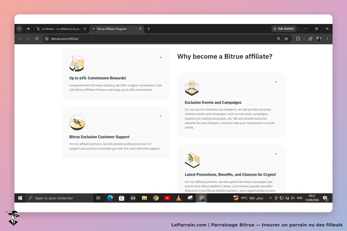 Bitrue : section sur le programme d'affiliation avec plusieurs avantages affichés