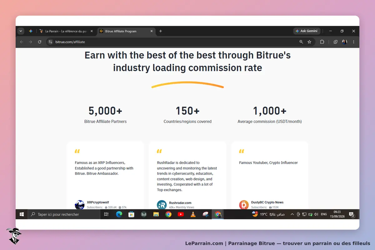 Bitrue : page d'accueil du programme d'affiliation avec statistiques et témoignages d'influenceurs