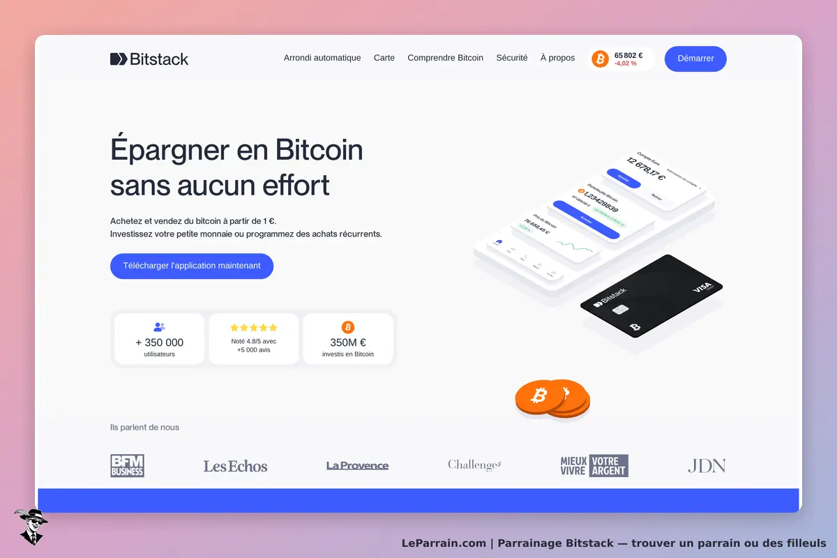 Bitstack : page d'accueil avec un slogan sur l'épargne en Bitcoin et des éléments visuels de