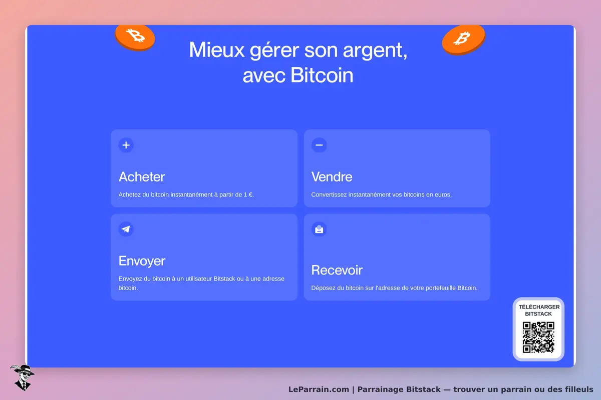 Bitstack : page d'accueil avec options Acheter, Vendre, Envoyer et Recevoir pour Bitcoin