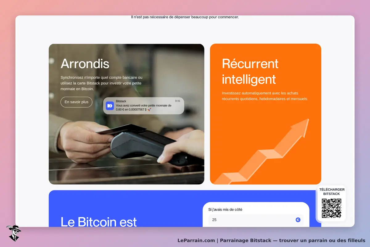 Bitstack : page d'accueil avec options d'arrondi et d'investissement en Bitcoin