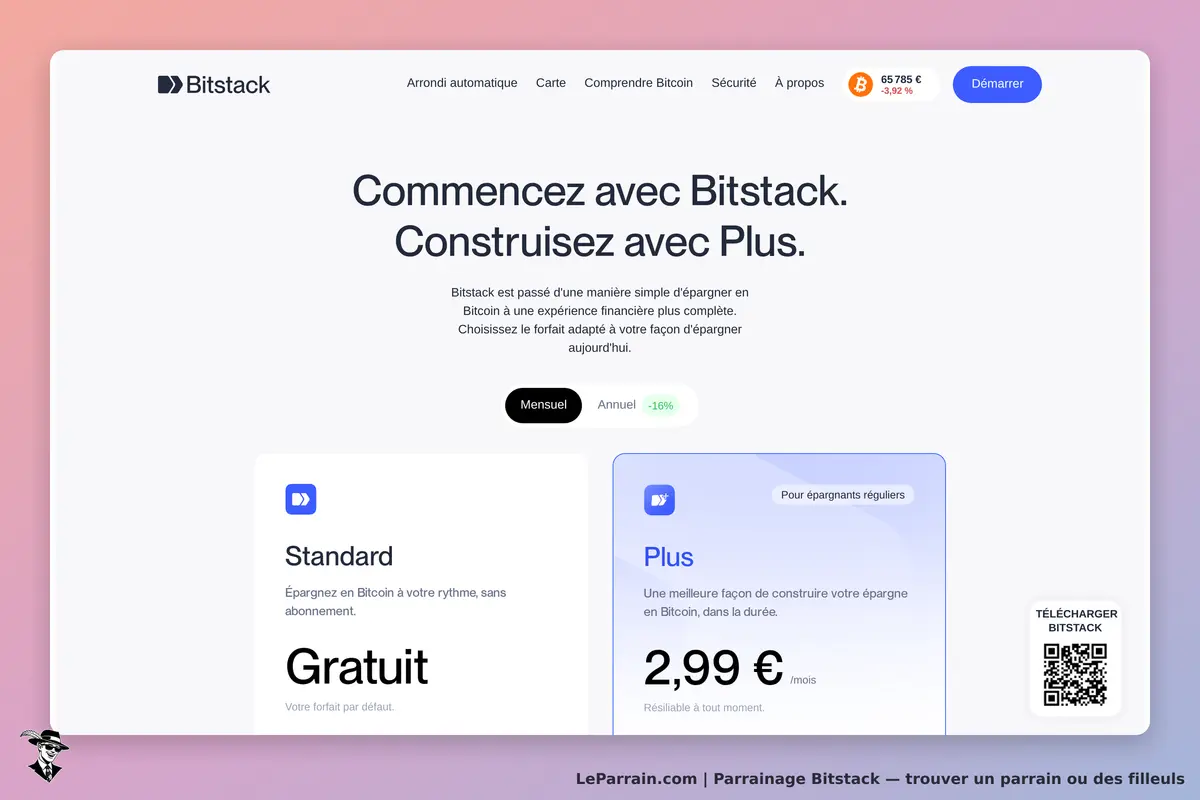 Bitstack : page d'accueil présentant les forfaits Standard et Plus pour épargner en Bitcoin