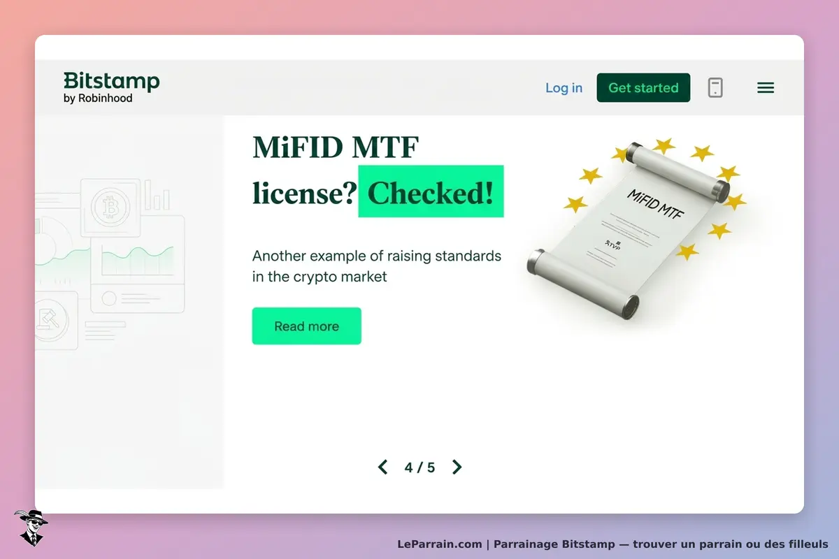 Bitstamp : page d'accueil avec un document déroulé et un message sur la licence MiFID MTF