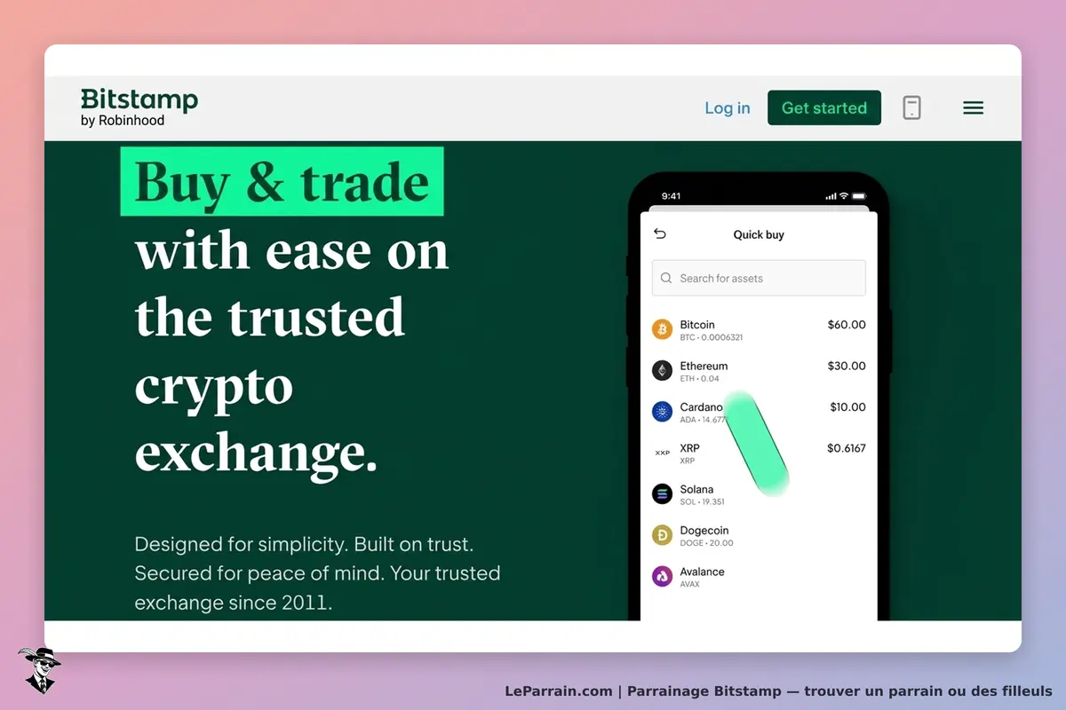 Bitstamp : page d'accueil avec options d'achat rapide de cryptomonnaies sur mobile