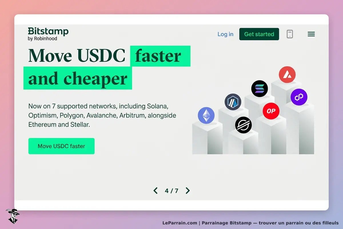 Bitstamp : page d'accueil présentant des réseaux supportés pour le transfert d'USDC