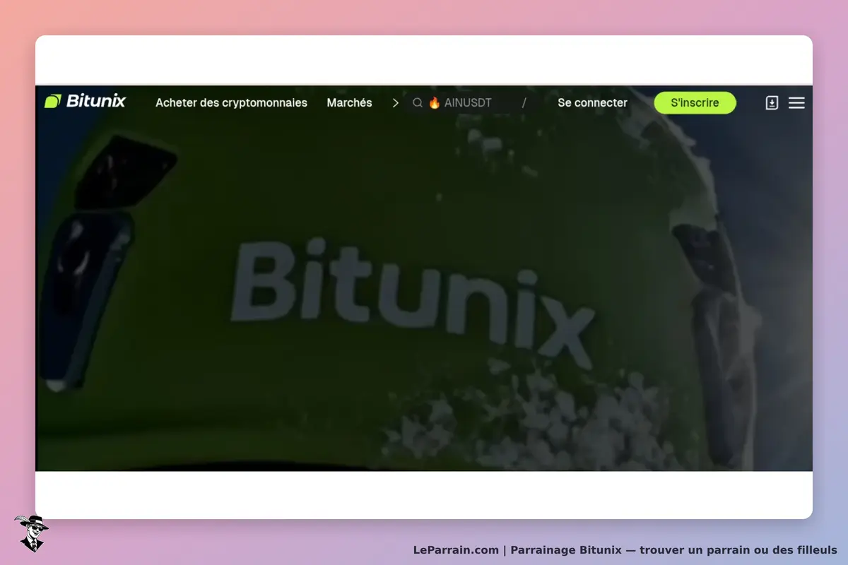 Bitunix : logo sur fond coloré avec des options de navigation en haut de la page d'accueil