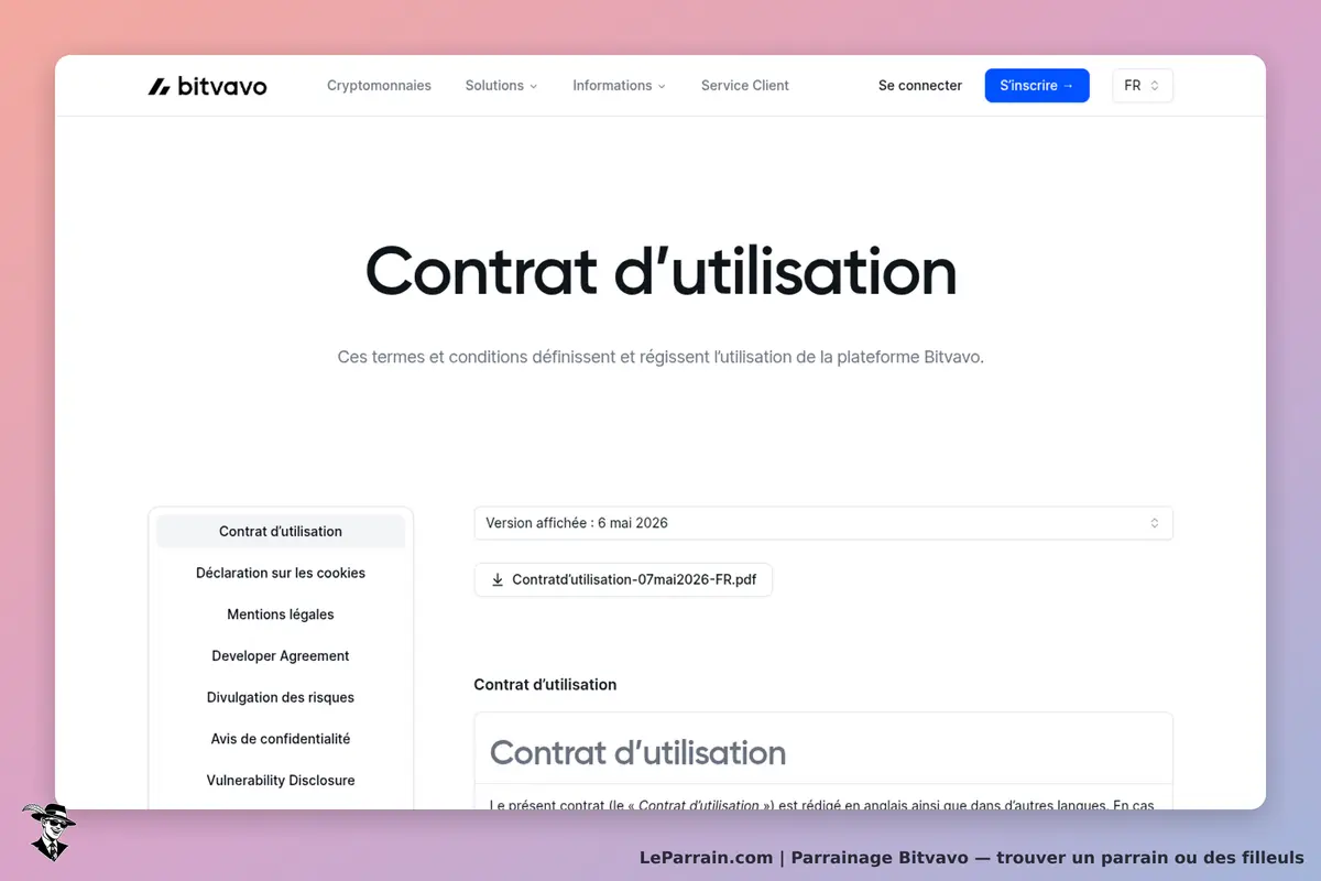 Bitvavo : page affichant le contrat d'utilisation et des informations légales