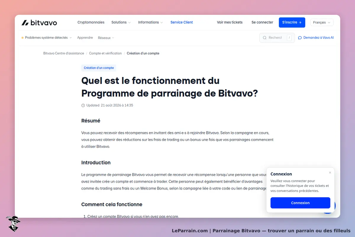 Bitvavo : page d'aide sur le fonctionnement du programme de parrainage avec résumé et introduction