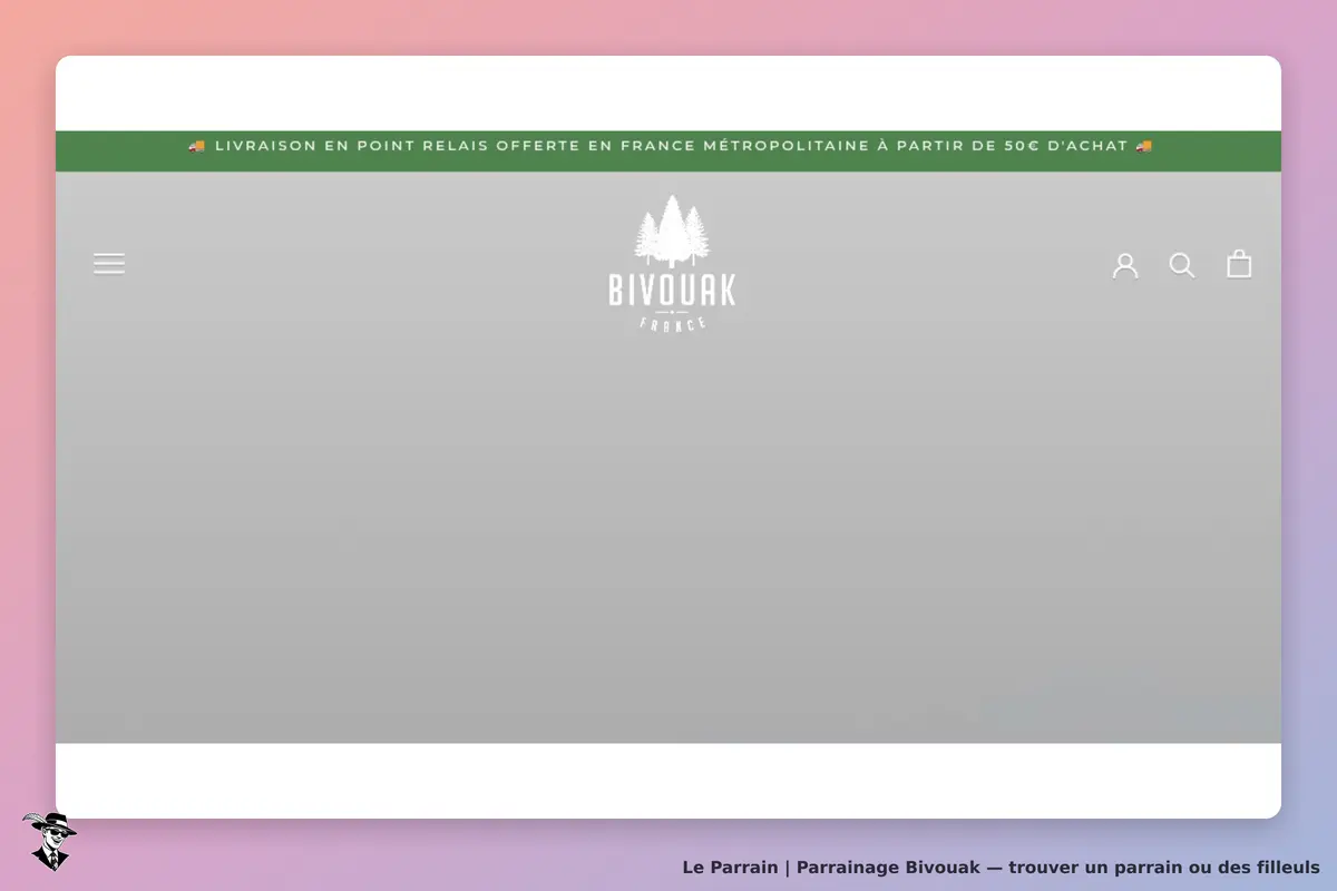 Bivouak : page d'accueil avec logo et message sur la livraison en point relais