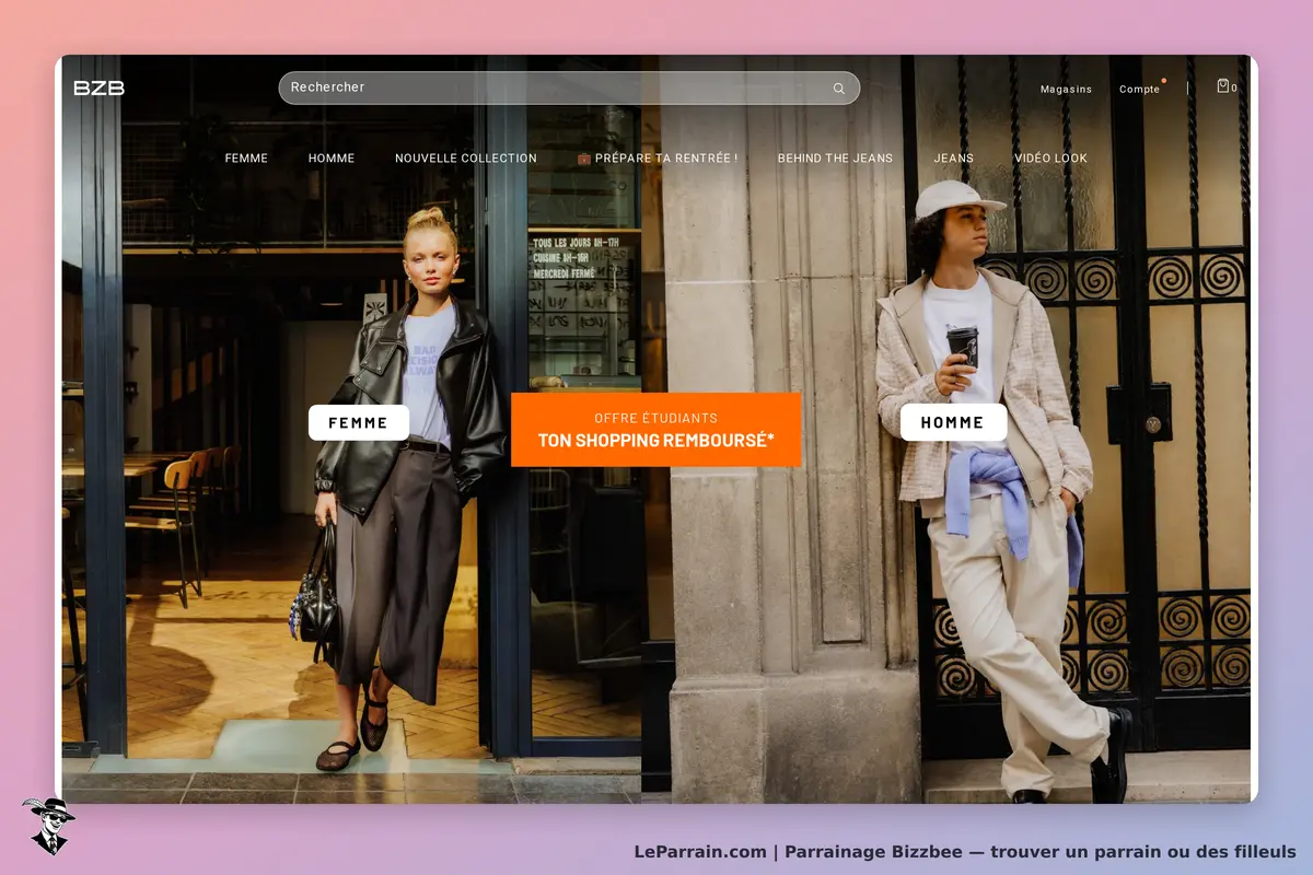 Bizzbee : page d'accueil avec des modèles homme et femme en tenue décontractée