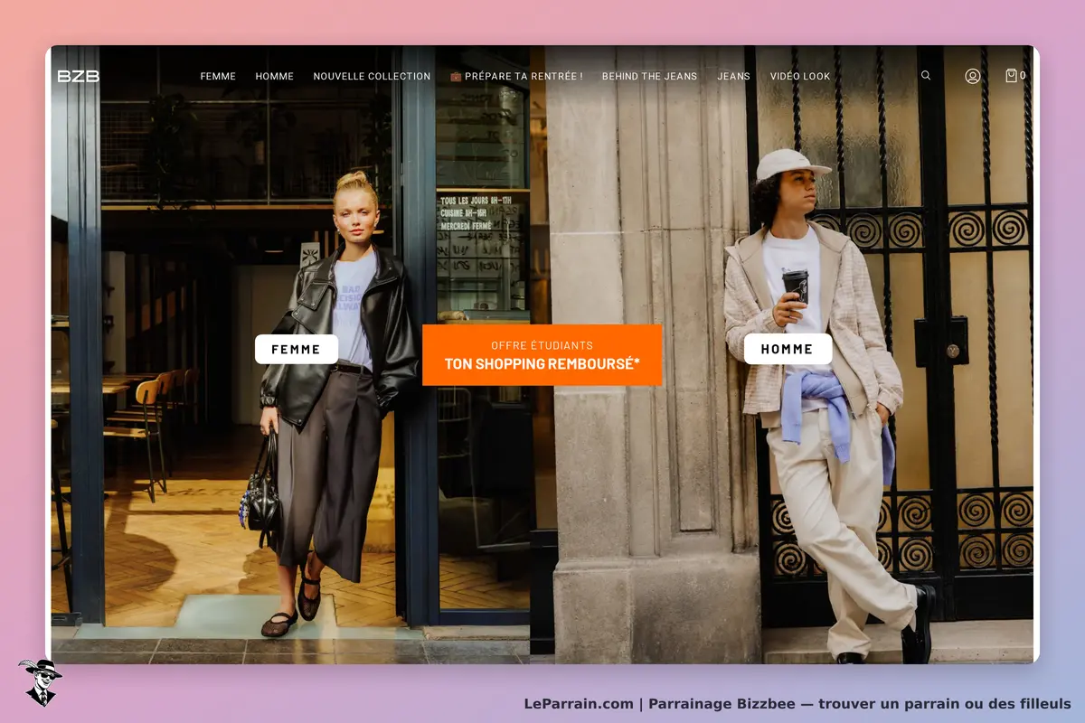 Bizzbee : deux modèles vêtus de mode contemporaine, homme et femme, sur fond urbain