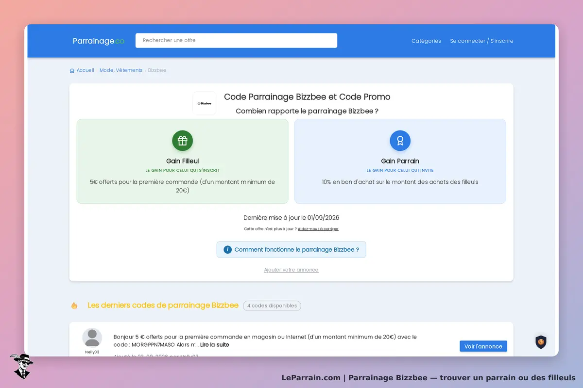 Bizzbee : page de parrainage avec gains pour le filleul et le parrain affichés
