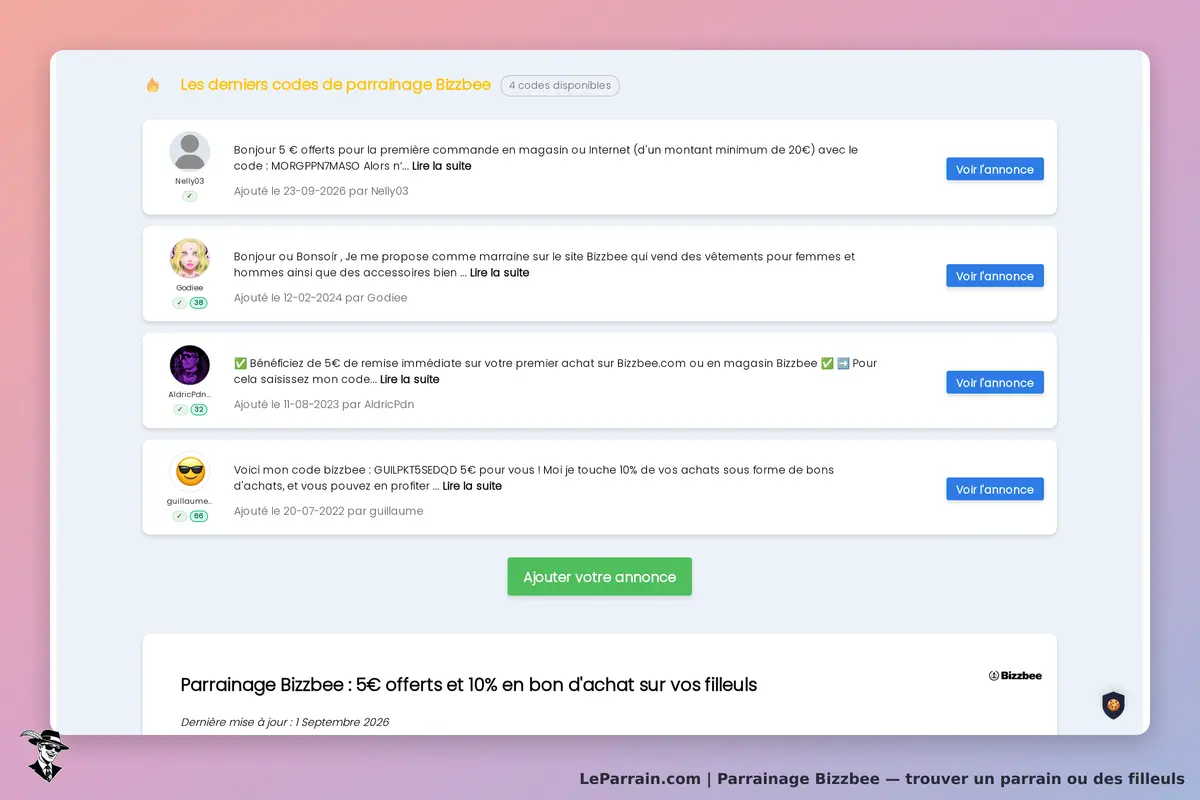 Bizzbee : liste des derniers codes de parrainage avec options pour ajouter une annonce