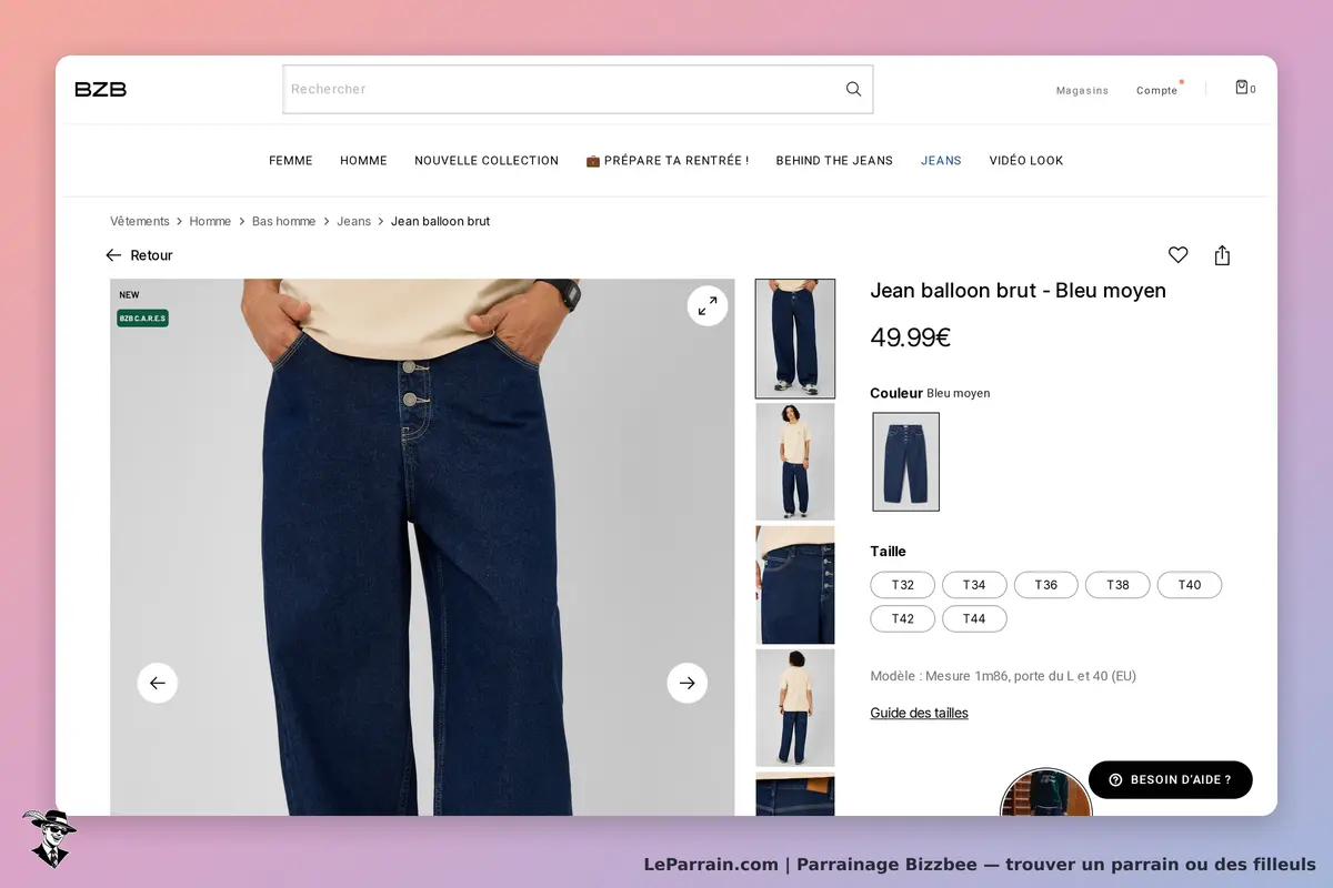 Bizzbee : jean balloon brut bleu moyen présenté avec options de taille et images supplémentaires