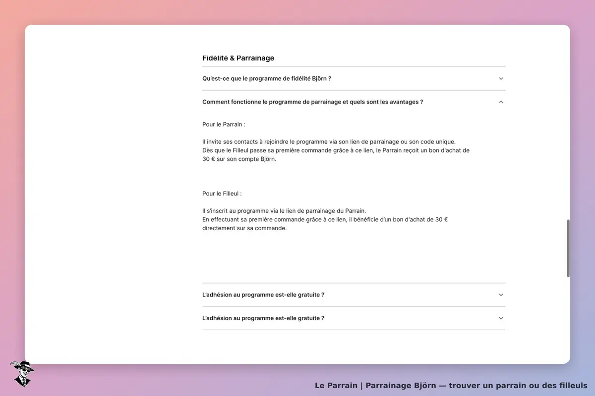 Aide officielle Björn : bon d’achat de 30 € pour le parrain après la première commande du filleul et bon de 30 € pour le filleul sur sa première commande.