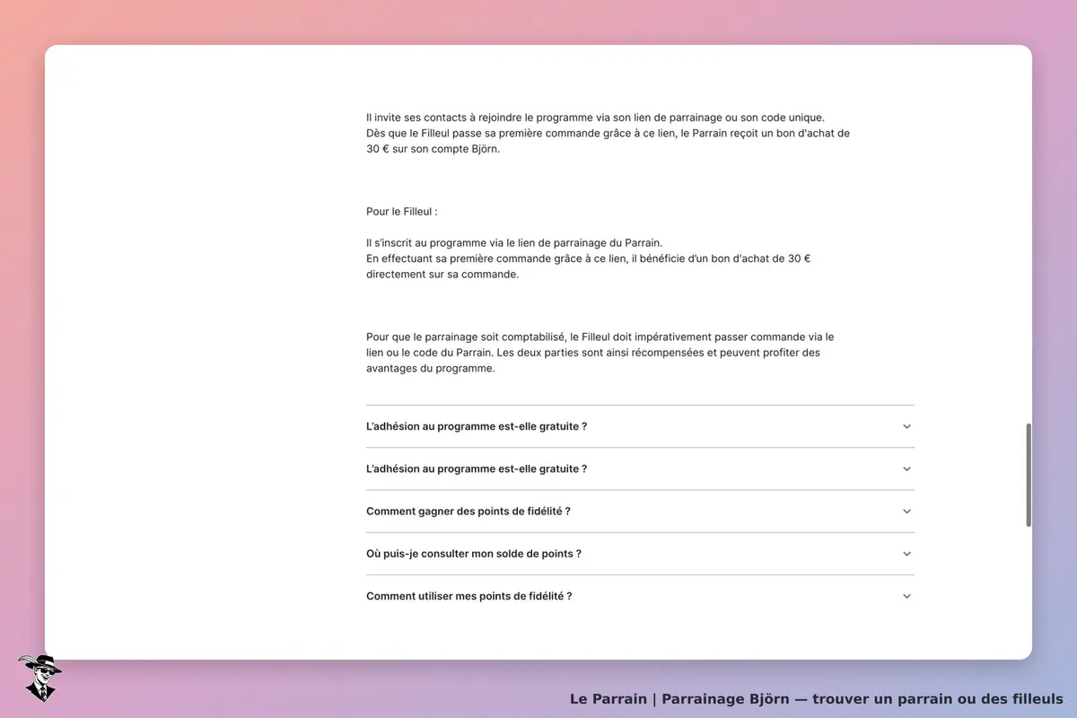 Aide officielle Björn : inscription et première commande via le lien ou le code du parrain indispensables à l’attribution du parrainage.