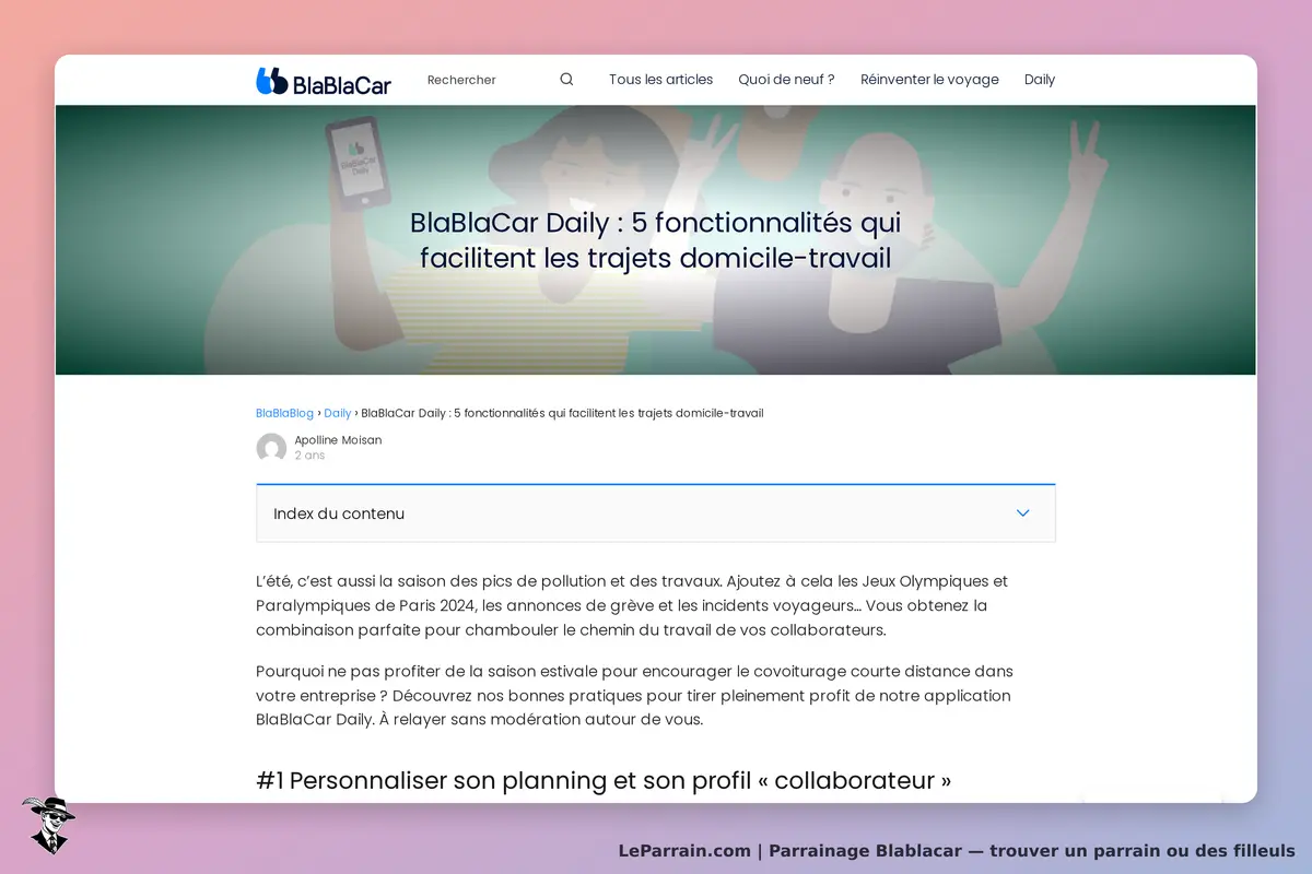 BlaBlaCar : article sur les fonctionnalités facilitant les trajets domicile-travail