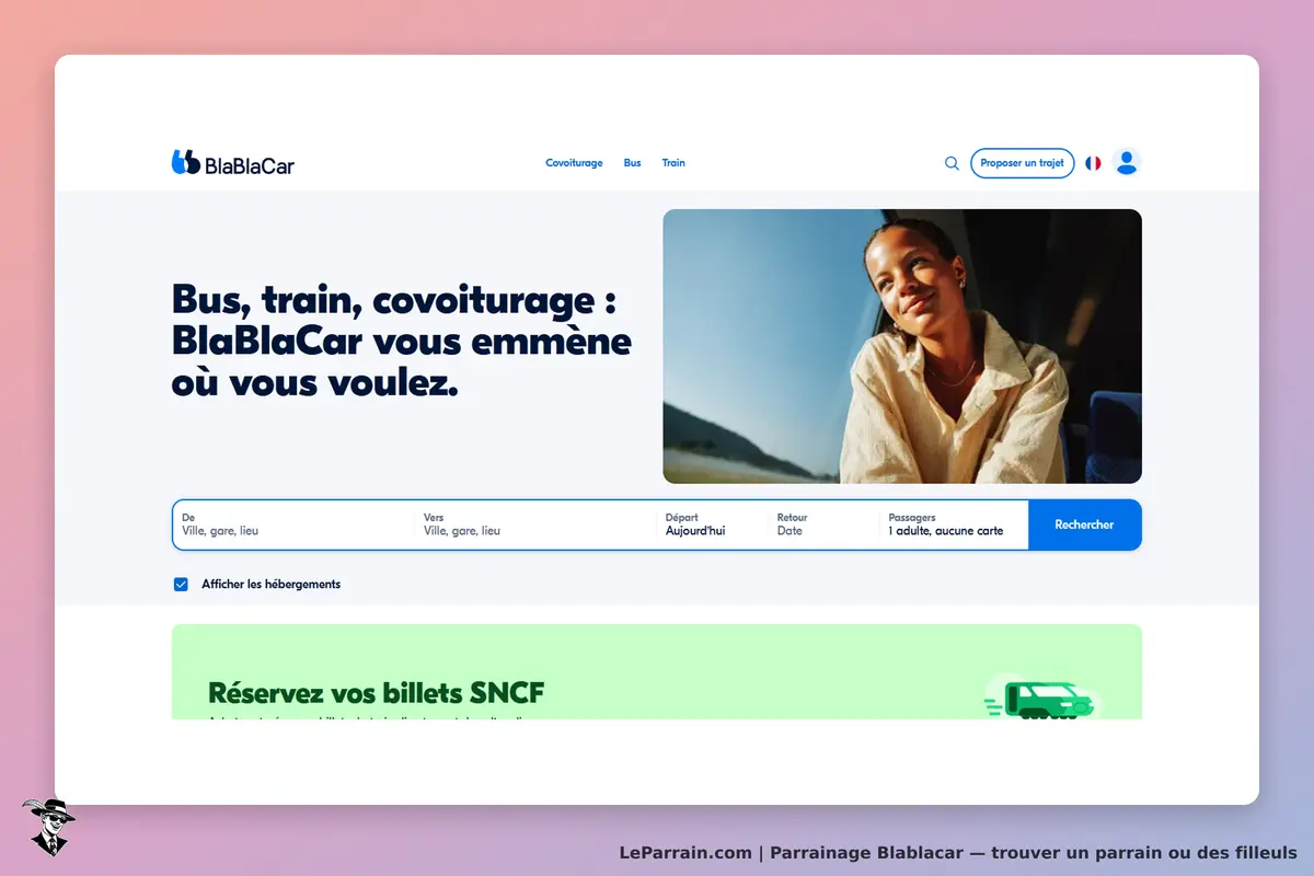 Blablacar : page d'accueil avec formulaire de recherche et image d'une personne souriante