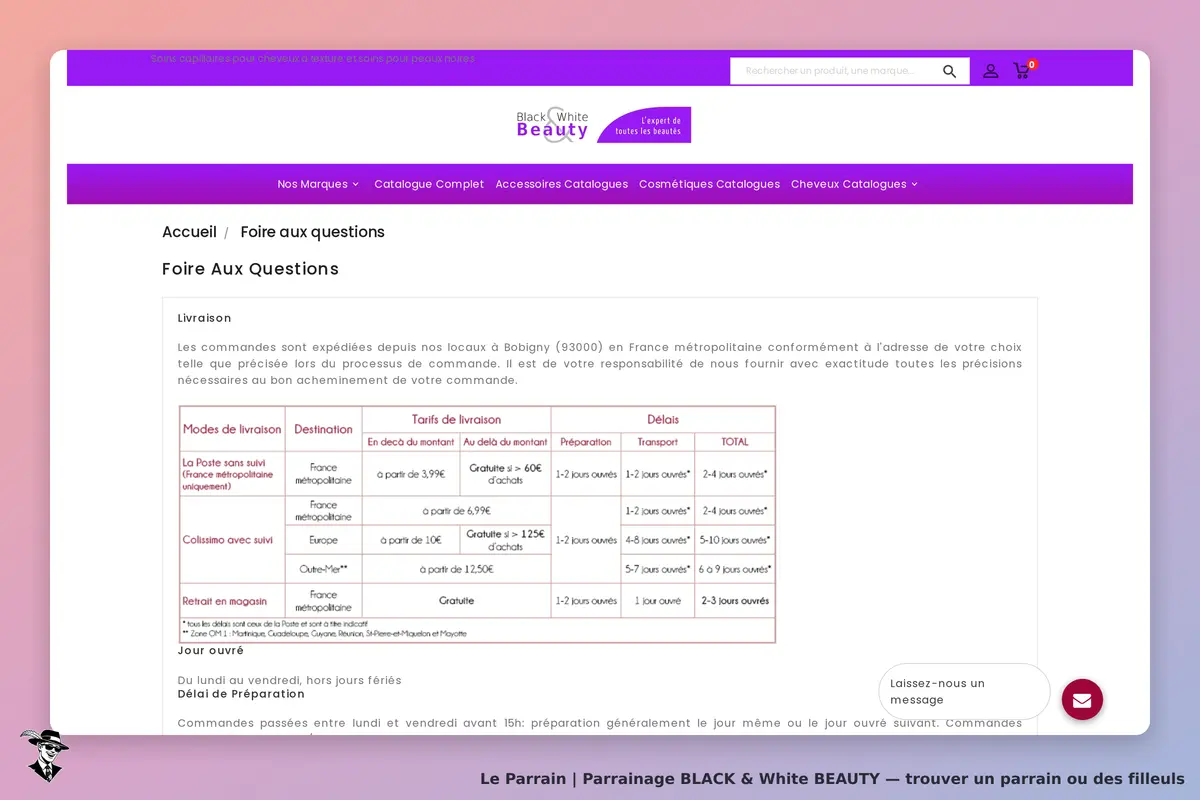 BLACK & White BEAUTY : page FAQ sur les modes de livraison et tarifs associés. Tableau visible