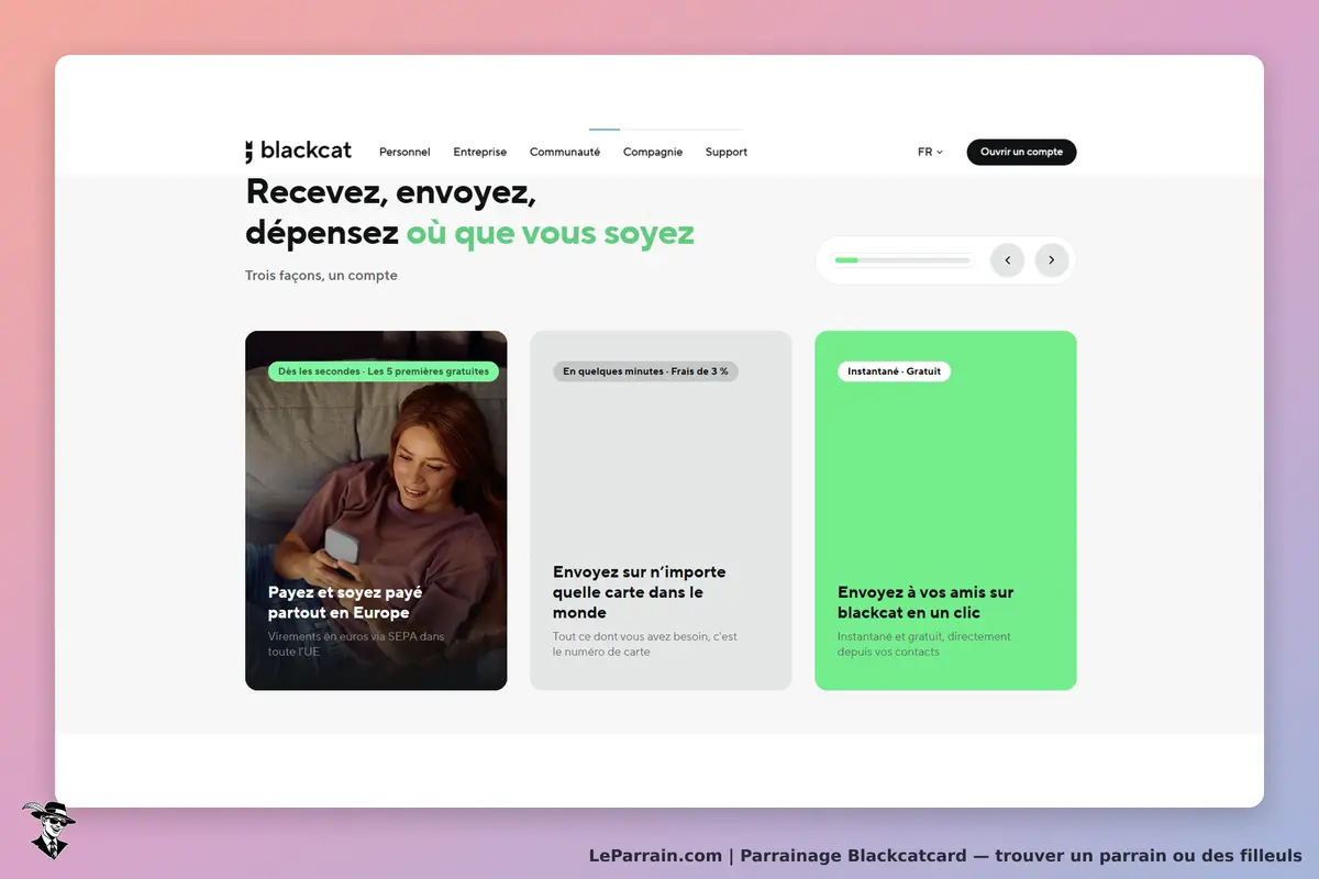 Blackcatcard : page d'accueil présentant des services de paiement et d'envoi d'argent