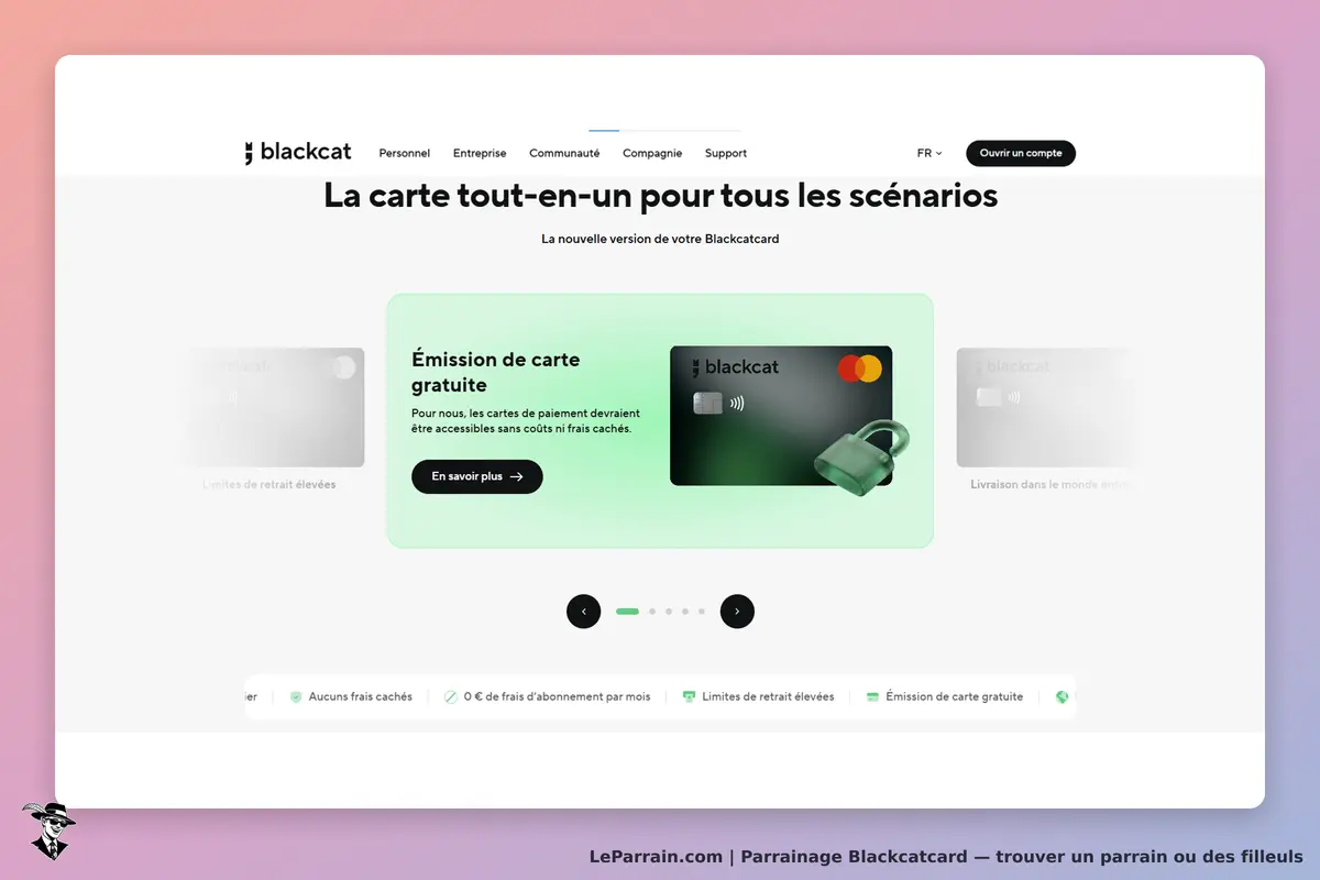 Blackcatcard : page d'accueil présentant une carte et des informations sur l'émission gratuite