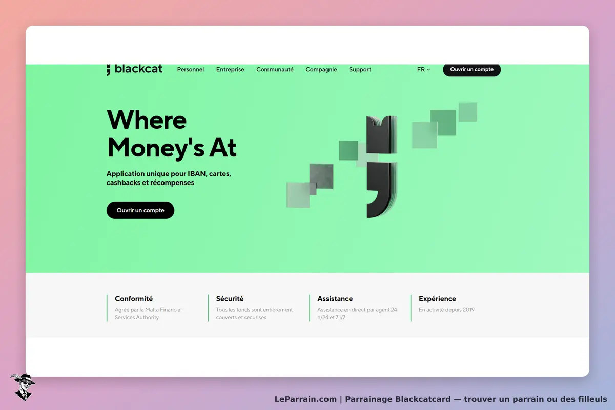 Blackcatcard : page d'accueil avec un slogan et des sections sur les services proposés